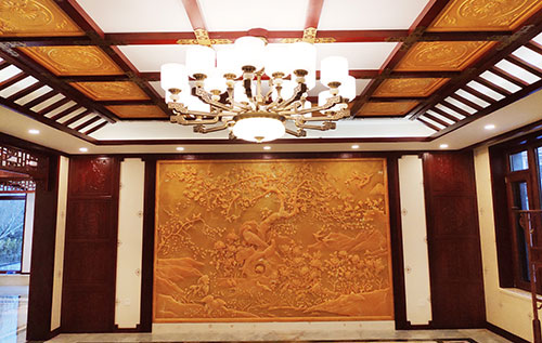 安徽中式别墅客厅中式木作横梁吊顶装饰展示